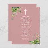 Dusty Rose Greenery Monogram Taufe Einladung Postkarte (Vorne/Hinten)