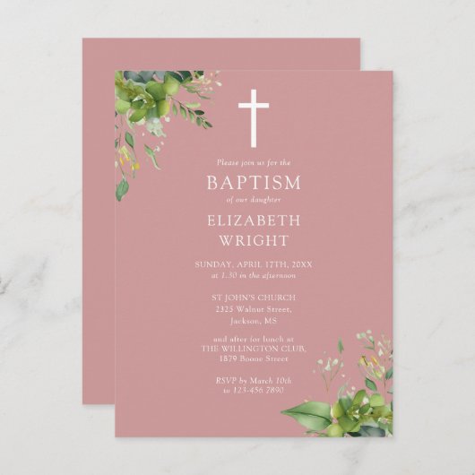 Dusty Rose Greenery Monogram Taufe Einladung Postkarte (Vorne/Hinten)