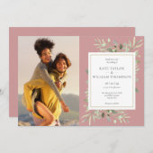 Dusty Rose Grüne Blätter Foto Hochzeit Einladung (Vorne/Hinten)