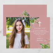 Dusty Rose Grüne Foto Erste Heilige Kommunion Dankeskarte (Vorne/Hinten)