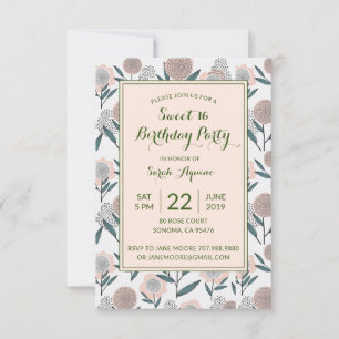 Dusty Rose Handgezeichnete Blumenmilch 16 Geburtst Einladung