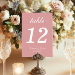 Dusty Rose Hochzeitskriptkalligrafie Einfach Rosa Tischnummer<br><div class="desc">Eine einfache Hochzeitsstiftung für eine staubige Rose Hochzeitsfarbe. Es ist nur weißer Text auf einem staubigen rosa Hintergrund der Rose. Alles außer der Zahl selbst ist in einem eleganten kalligrafischen Skript geschrieben. Ein Mockup-Bild von Freepik wurde für das Cover-Foto verwendet.</div>