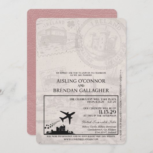 Dusty Rose Ireland Passport Wedding Einladung (Vorne/Hinten)