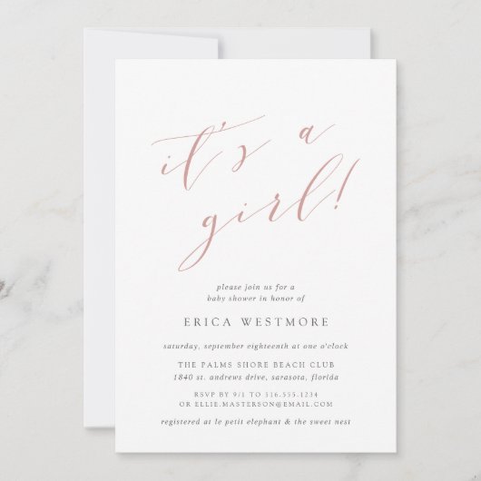 Dusty Rose "It's a Girl" Kalligrafie Kinderdusche Einladung (Vorderseite)