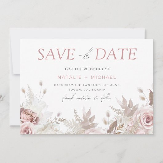 Dusty Rose & Ivory Boho Blues Hochzeit Save The Date (Vorderseite)