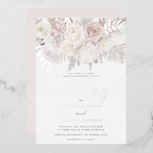 Dusty Rose & Ivory Boho Wedding Silver Folieneinladung (Vorderseite/Rückseite)