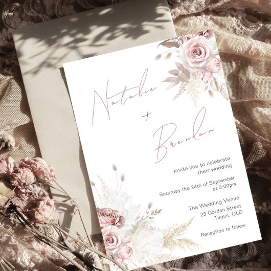 Dusty Rose & Ivory Modern Script Floral Wedding Einladung