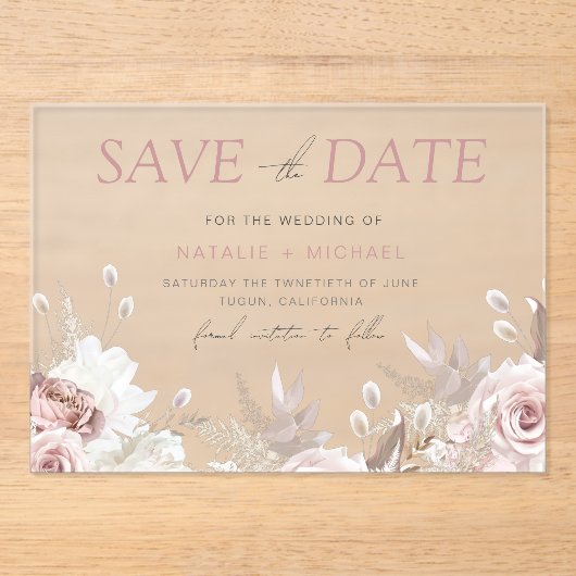 Dusty Rose & Ivory Save the Date Hochzeit Acryleinladungen (Vorderseite)