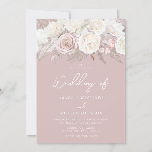 Dusty Rose & Ivory White Roses Wedding Einladung (Vorderseite)