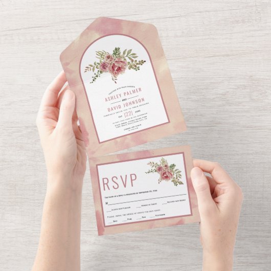 Dusty Rose Kaktus Blume, Blätter Blumenhochzeit a All In One Einladung (Abreißen)