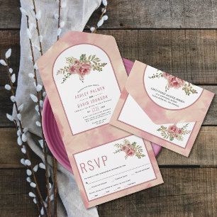 Dusty Rose Kaktus Blume, Blätter Blumenhochzeit a All In One Einladung