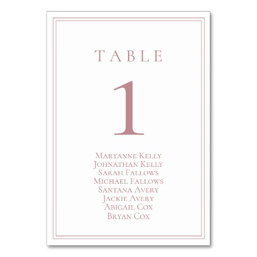 Dusty Rose Klassische Tischnummer mit Seating Char (Rückseite)