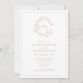 Dusty Rose Leafy Wappen Monogram Foto Hochzeit Einladung (Vorderseite)