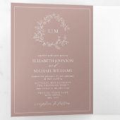 Dusty Rose Leafy Wappen Monogram Wedding Dreifach Gefaltete Einladung (Innen Erste Seite)