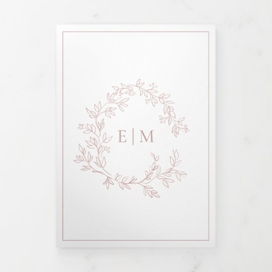 Dusty Rose Leafy Wappen Monogram Wedding Dreifach Gefaltete Einladung (Cover)