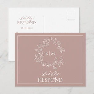 Dusty Rose Leafy Wappen Monogram Wedding RSVP Einladungspostkarte
