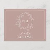 Dusty Rose Leafy Wappen Monogram Wedding RSVP Einladungspostkarte (Vorderseite)