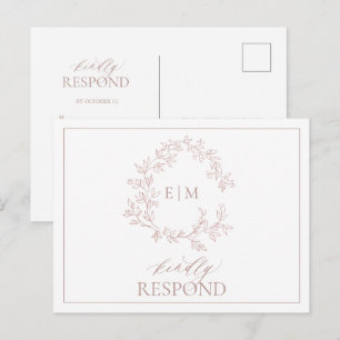 Dusty Rose Leafy Wappen Monogram Wedding RSVP Einladungspostkarte