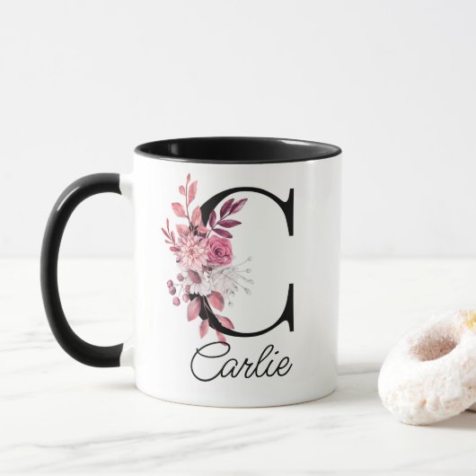 Dusty Rose Mauve Floral Letter C Monogram Tasse (Mit Donut)