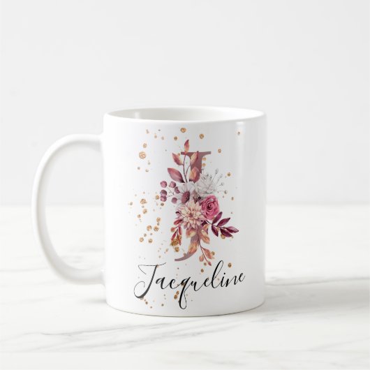 Dusty Rose Mauve Pink Floral Monogram Letter J Kaffeetasse (Links)