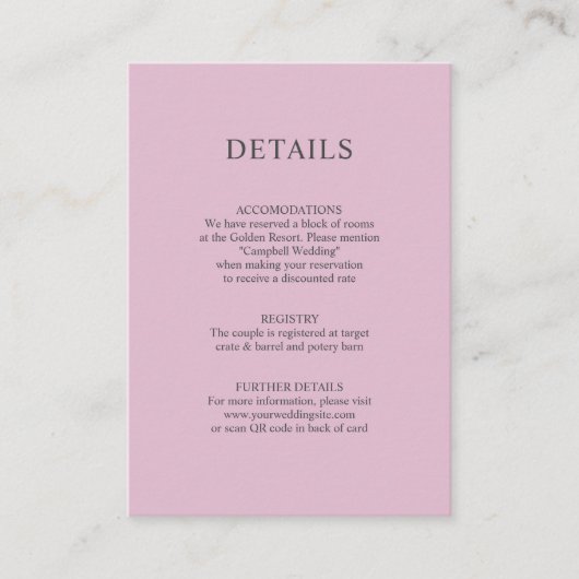 Dusty Rose Mauve QR code Wedding DETAILS Begleitkarte (Vorderseite)