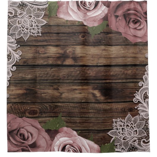 Dusty Rose Mauve Rose Floral Lace Wood Rustikal Duschvorhang (Vorderseite)