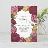 Dusty Rose, Merlot & Antique Gold Floral Wedding Einladung (Stehend Vorderseite)