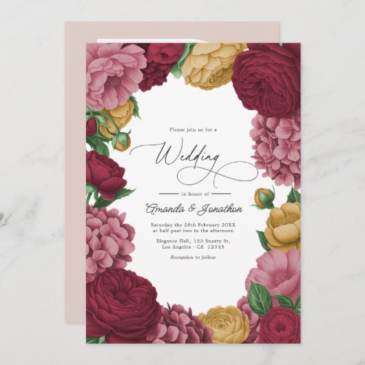 Dusty Rose, Merlot & Antique Gold Floral Wedding Einladung (Vorne/Hinten)