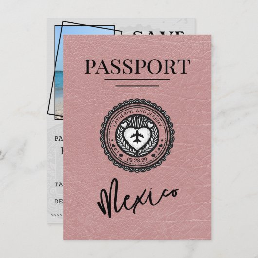 Dusty Rose Mexico Passport Save the Date (Vorne/Hinten)