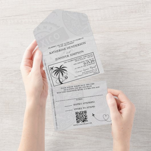 Dusty Rose Mexico Passport Wedding All In One Einladung (Abreißen)