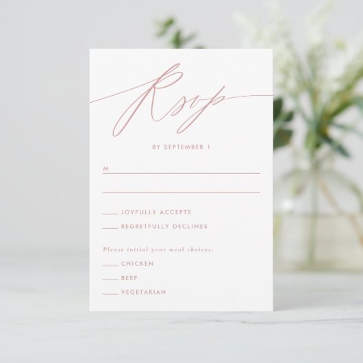 Dusty Rose Minimalistisch Script Response Card RSVP Karte (Stehend Vorderseite)