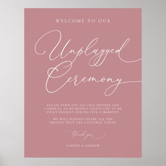 Dusty Rose Minimalistisch Wedding Unplugged Zeremo Poster (Vorne)