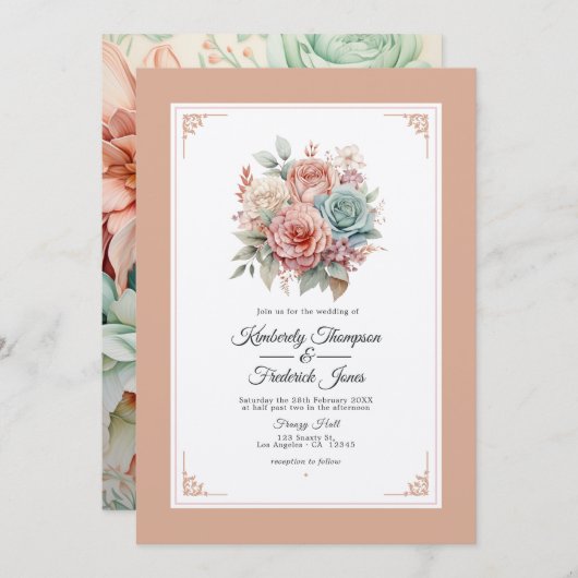 Dusty Rose, Minze Green und Blush Floral Wedding Einladung (Vorne/Hinten)