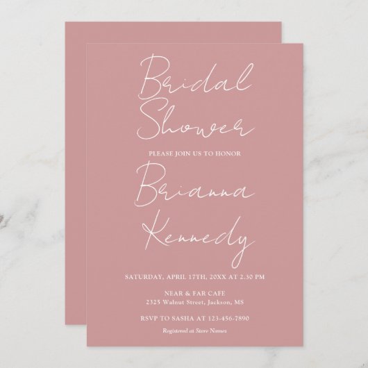 Dusty Rose Modern Minimalist Script Bridal Dusche Einladung (Vorne/Hinten)