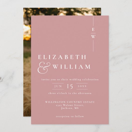 Dusty Rose Moderne, elegante Monogram Foto Wedding Einladung (Vorne/Hinten)