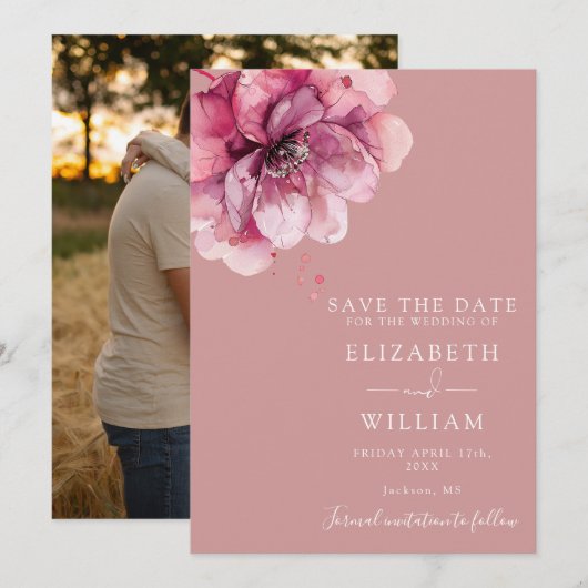 Dusty Rose Moderne Wasserfarben Foto Hochzeit Save The Date (Vorne/Hinten)