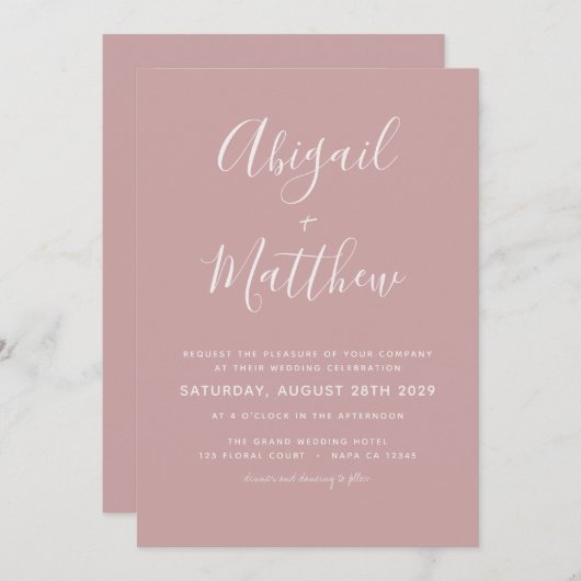 Dusty Rose Modernes Minimalistisches Foto Hochzeit Einladung (Vorne/Hinten)