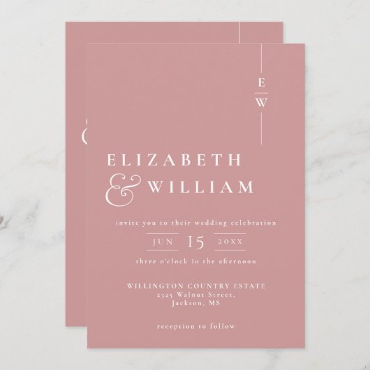 Dusty Rose Modernes Monogram Wedding QR Code Einladung (Vorne/Hinten)