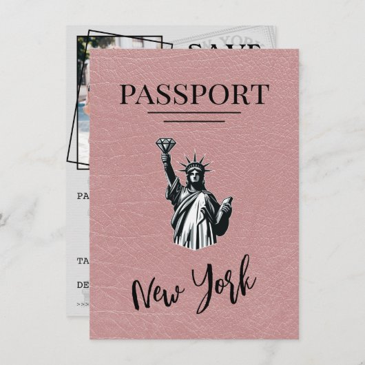 Dusty Rose New York City Passport Save the Date (Vorne/Hinten)