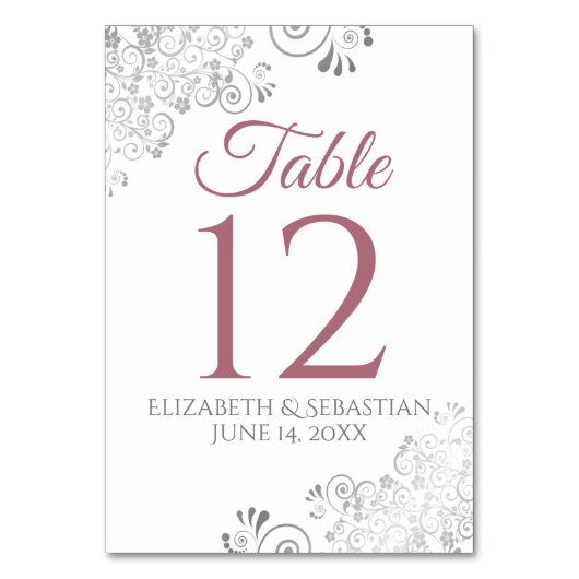 Dusty Rose on White Elegant Filigree Wedding Tischnummer (Vorderseite)
