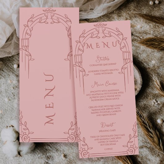 Dusty Rose Ornate Arch Botanical Wedding Dinner Menükarte