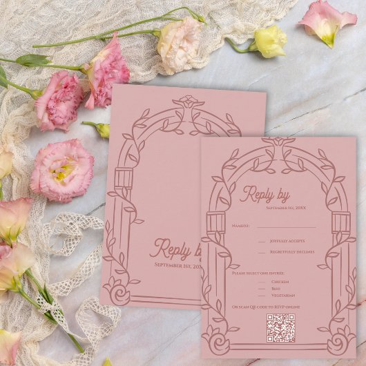 Dusty Rose Ornate Arch Botanical Wedding Reply By RSVP Karte