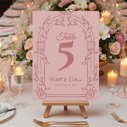 Dusty Rose Ornate Arch Wedding Table Number Card Dankeskarte