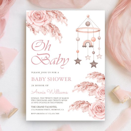 Dusty Rose Pampas Boho Rainbow Baby Shower Einladung
