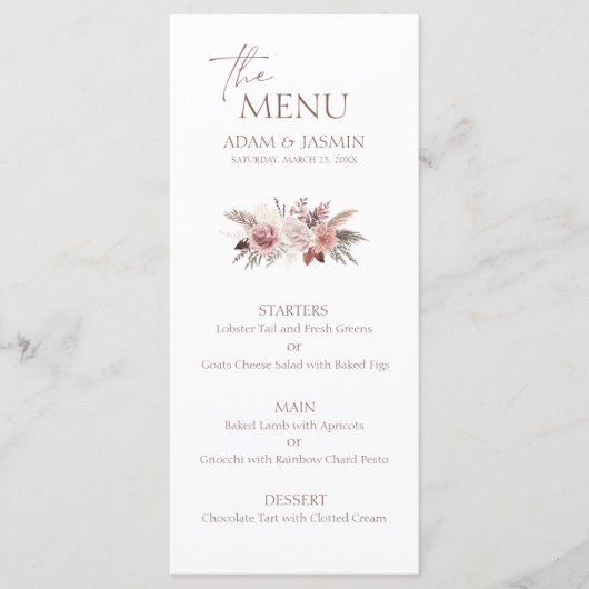 Dusty Rose Pampas Boho Wedding Menu Menükarte (Vorderseite)