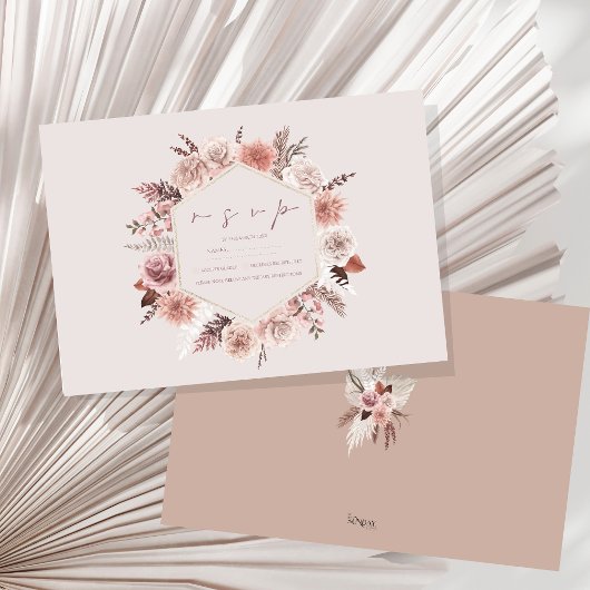 Dusty Rose Pampas Boho Wedding RSVP Karte