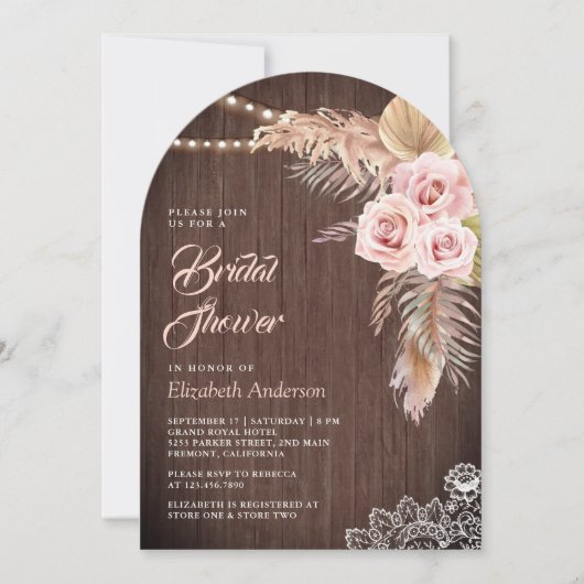 Dusty Rose Pampas Grass Arch Wood Brautparty Einladung (Vorderseite)