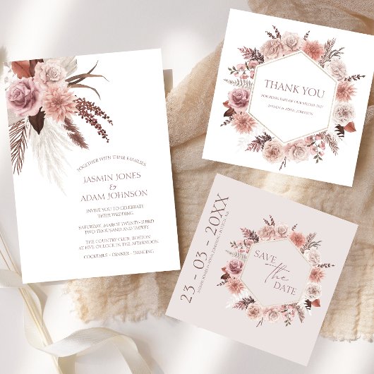 Dusty Rose Pampas Grass Boho Wedding Einladung