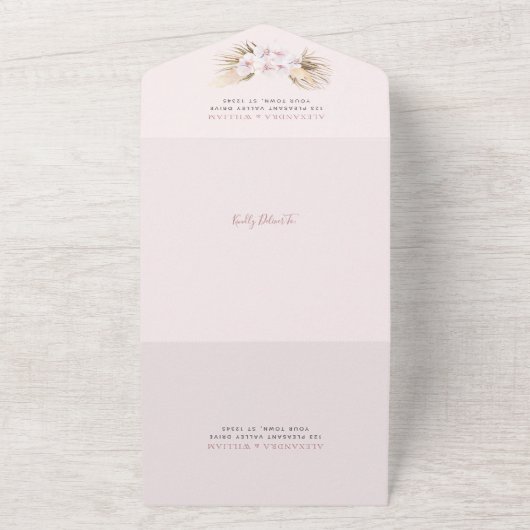Dusty Rose Pampas Grass Orchids Tropische Hochzeit All In One Einladung (Außenbereich)