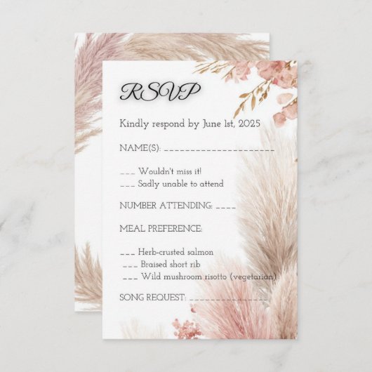 Dusty rose pampas grass RSVP card invitation Einladung (Vorne/Hinten)